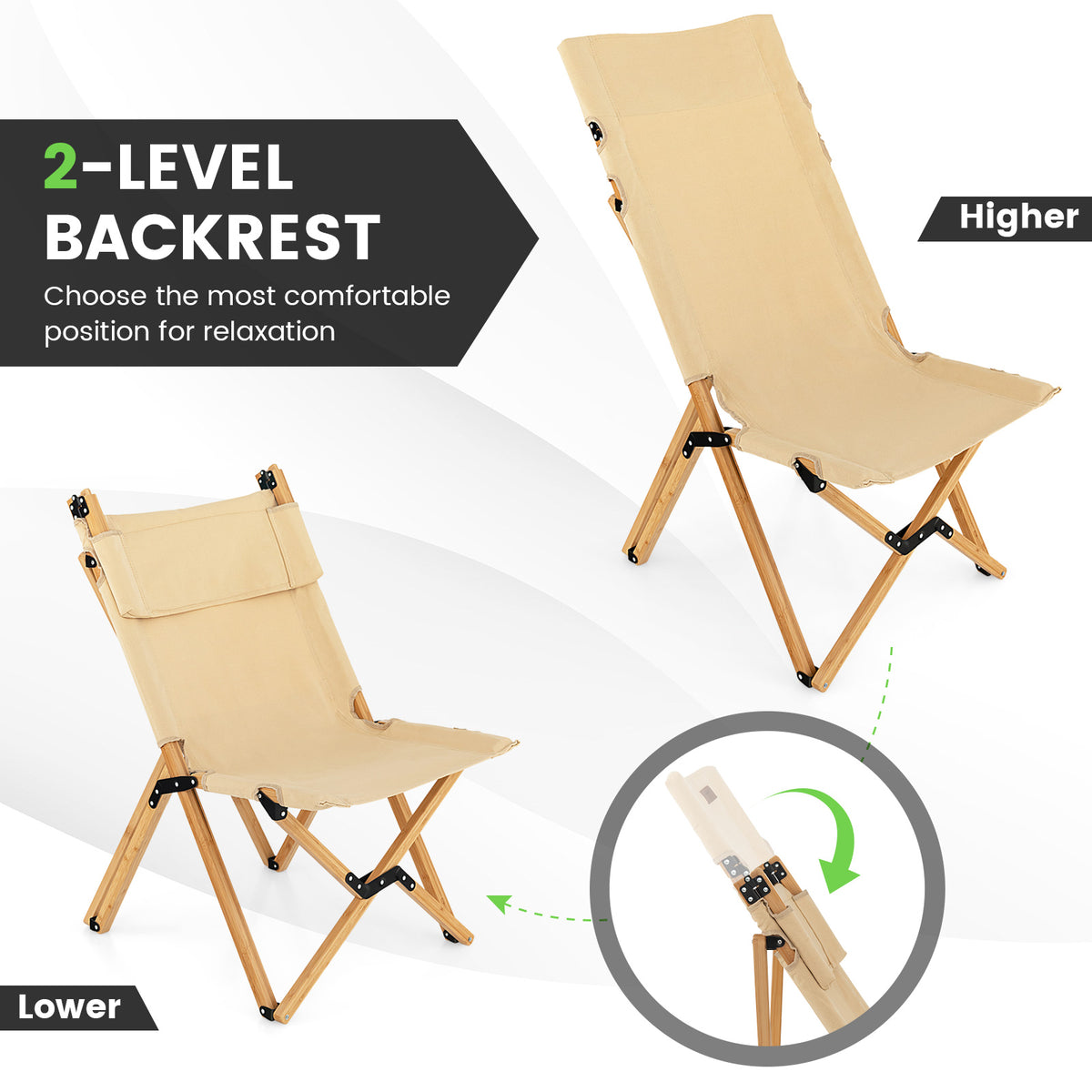 Costway Portable Folding Camping Chair, Bamboo Chair w/ 2-Level Adjustable Backrest, Carrying Bag Included, Outdoor Portable Ultralight Canvas Chair for Picnic, Beach, Patio-0-1 piece