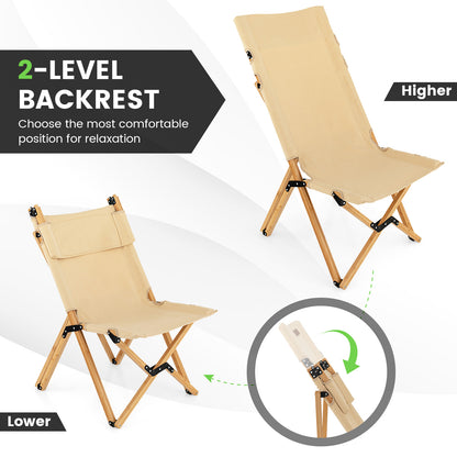 Costway Portable Folding Camping Chair, Bamboo Chair w/ 2-Level Adjustable Backrest, Carrying Bag Included, Outdoor Portable Ultralight Canvas Chair for Picnic, Beach, Patio-0-1 piece
