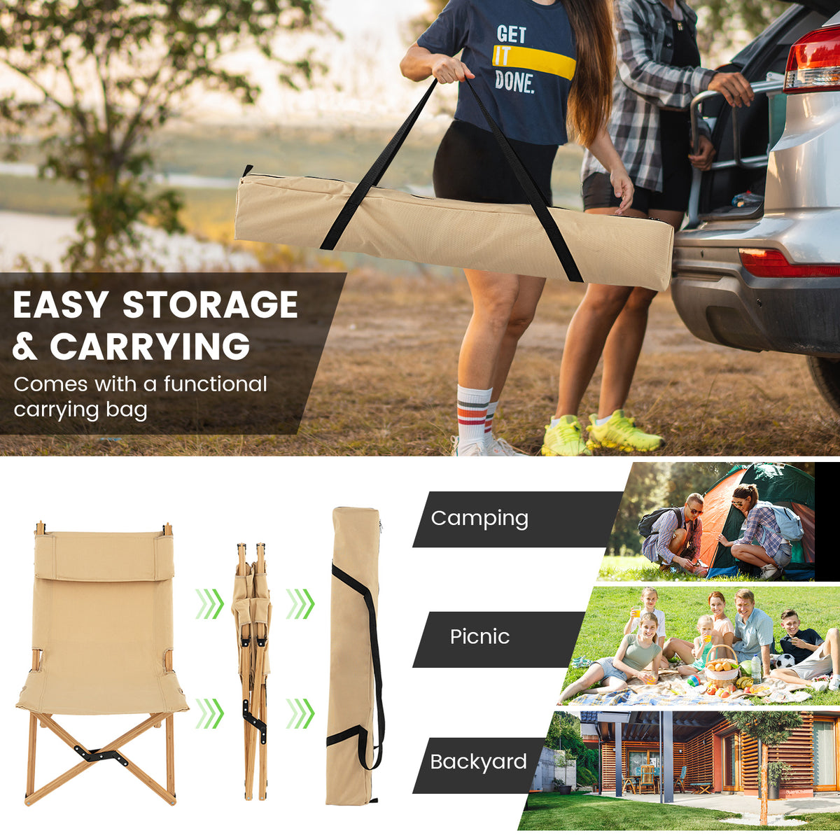 Costway Portable Folding Camping Chair, Bamboo Chair w/ 2-Level Adjustable Backrest, Carrying Bag Included, Outdoor Portable Ultralight Canvas Chair for Picnic, Beach, Patio-0-1 piece