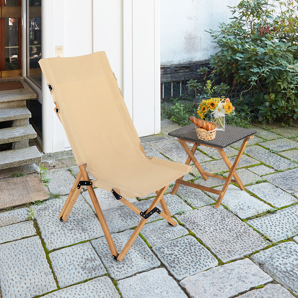 Costway Portable Folding Camping Chair, Bamboo Chair w/ 2-Level Adjustable Backrest, Carrying Bag Included, Outdoor Portable Ultralight Canvas Chair for Picnic, Beach, Patio-0-1 piece