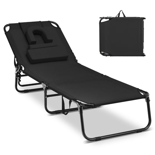 Costway Reclining Beach Chair with Detachable Pillows for Outdoor-Black