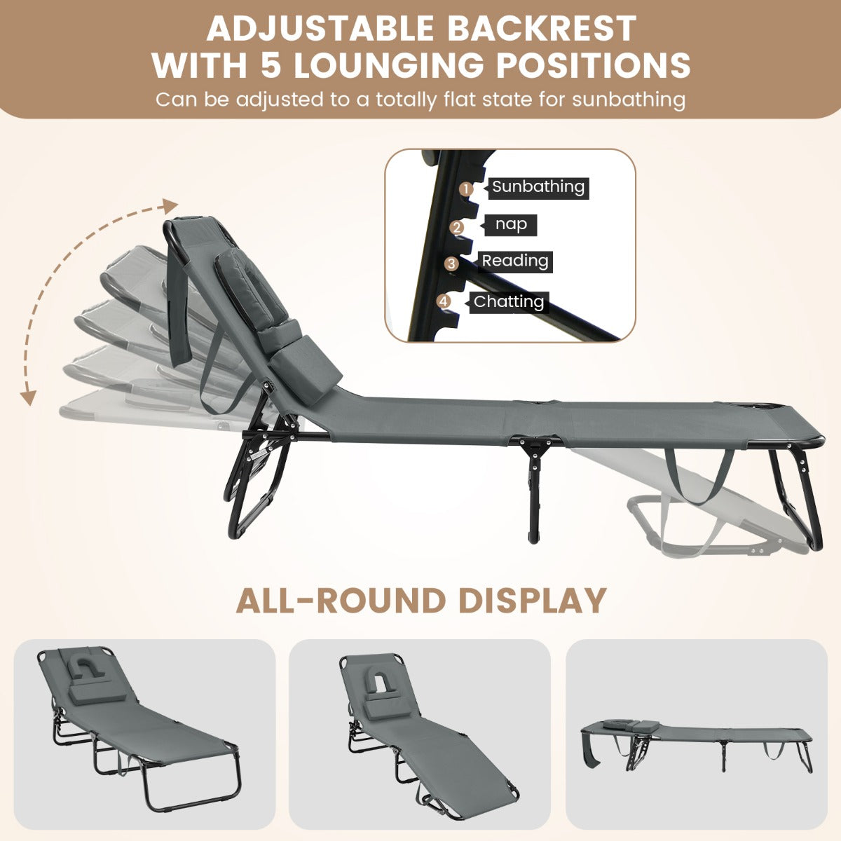 Three removable padded pillows provide customizable neck and shoulder support during relaxation