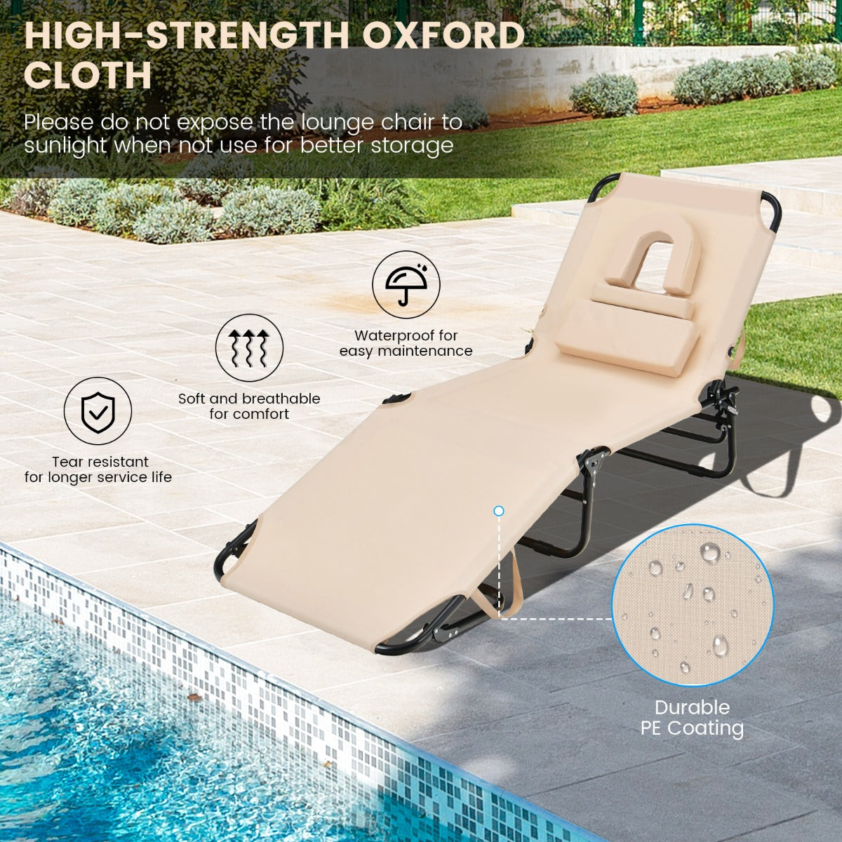 Folding rear leg lets users lower the foot height and stretch their legs while sunbathing