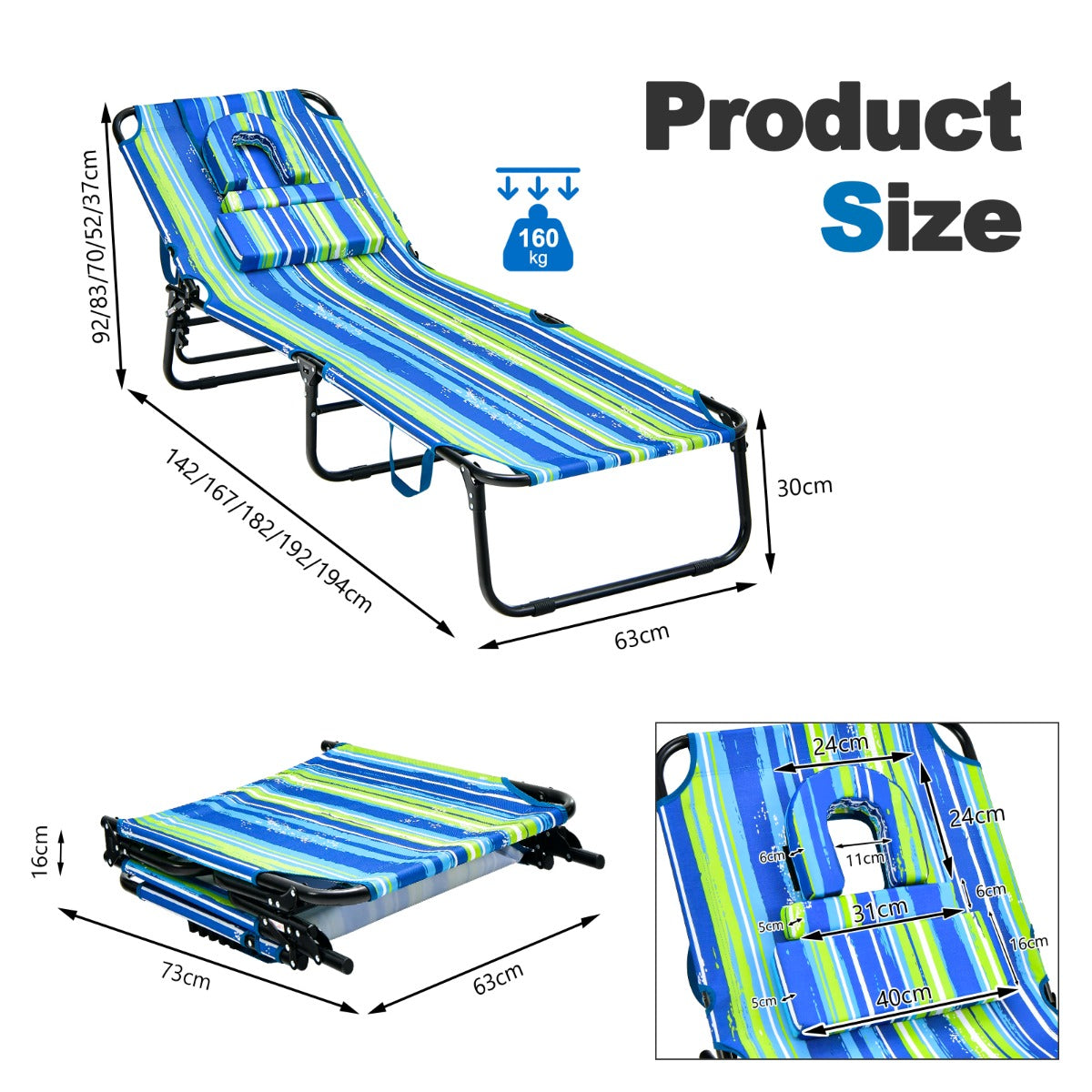 Folding Face Down Tanning Chair with 3 Removable Pillows for Patio
