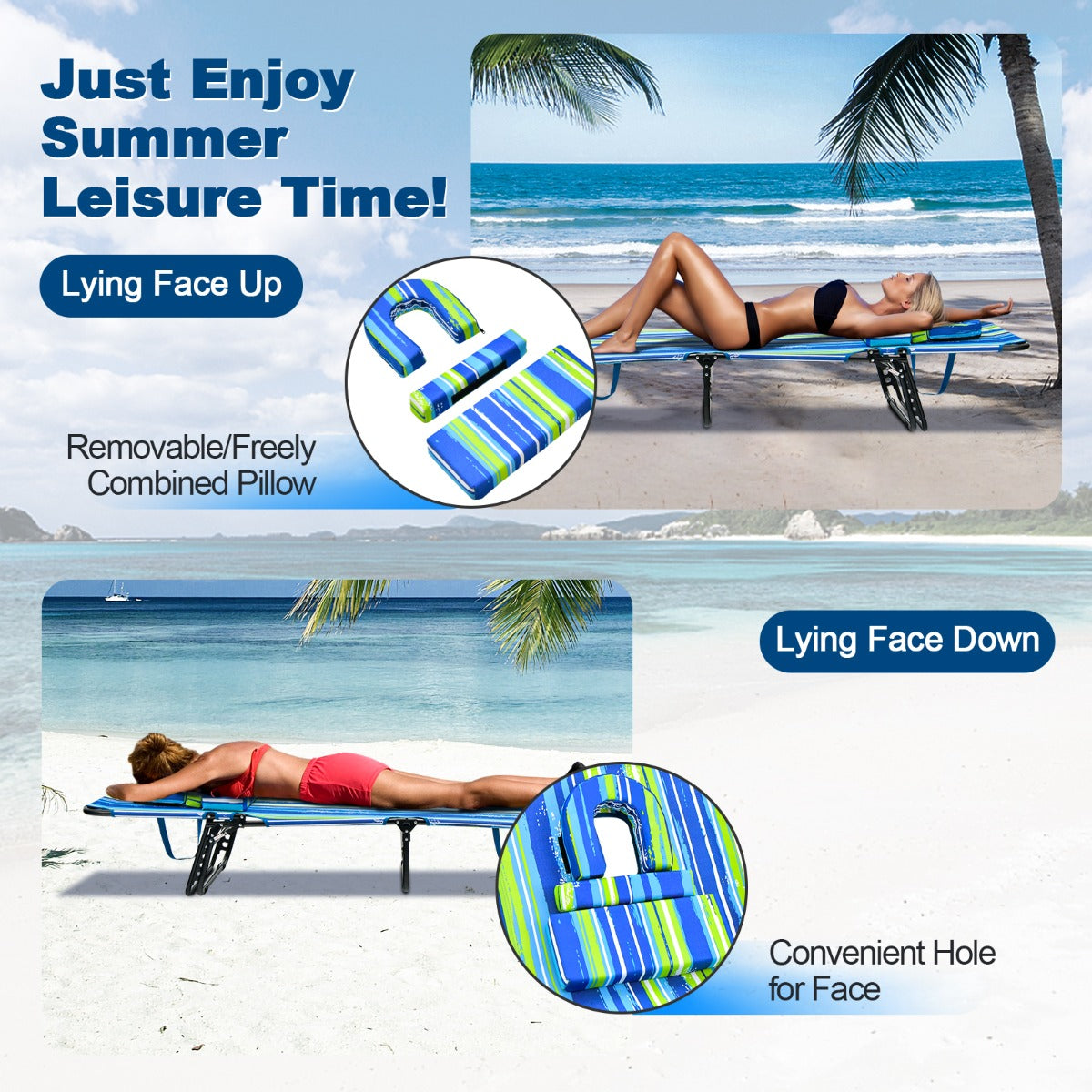 Folding Face Down Tanning Chair with 3 Removable Pillows for Patio