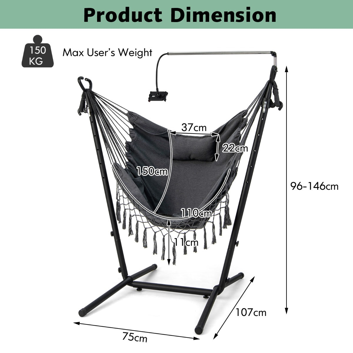 Adjustable Hanging Chair with Phone Holder for Indoor & Outdoor Use