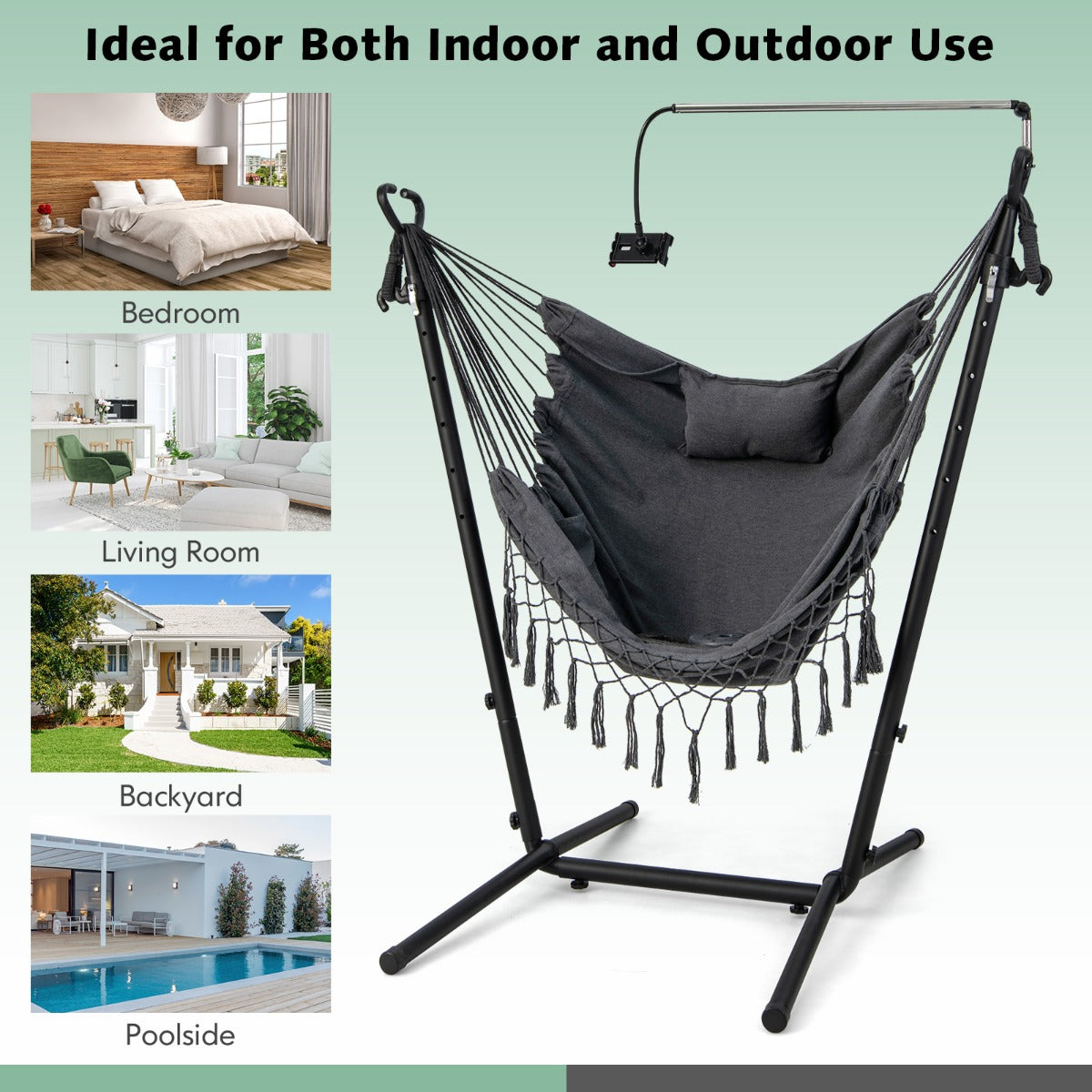 Adjustable Hanging Chair with Phone Holder for Indoor & Outdoor Use