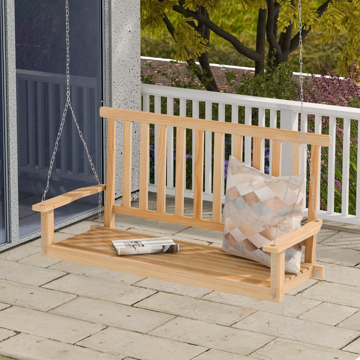 2-Seat Patio Swing Bench with 2 Sturdy Hanging Ropes for Backyard/Balcony-Natural