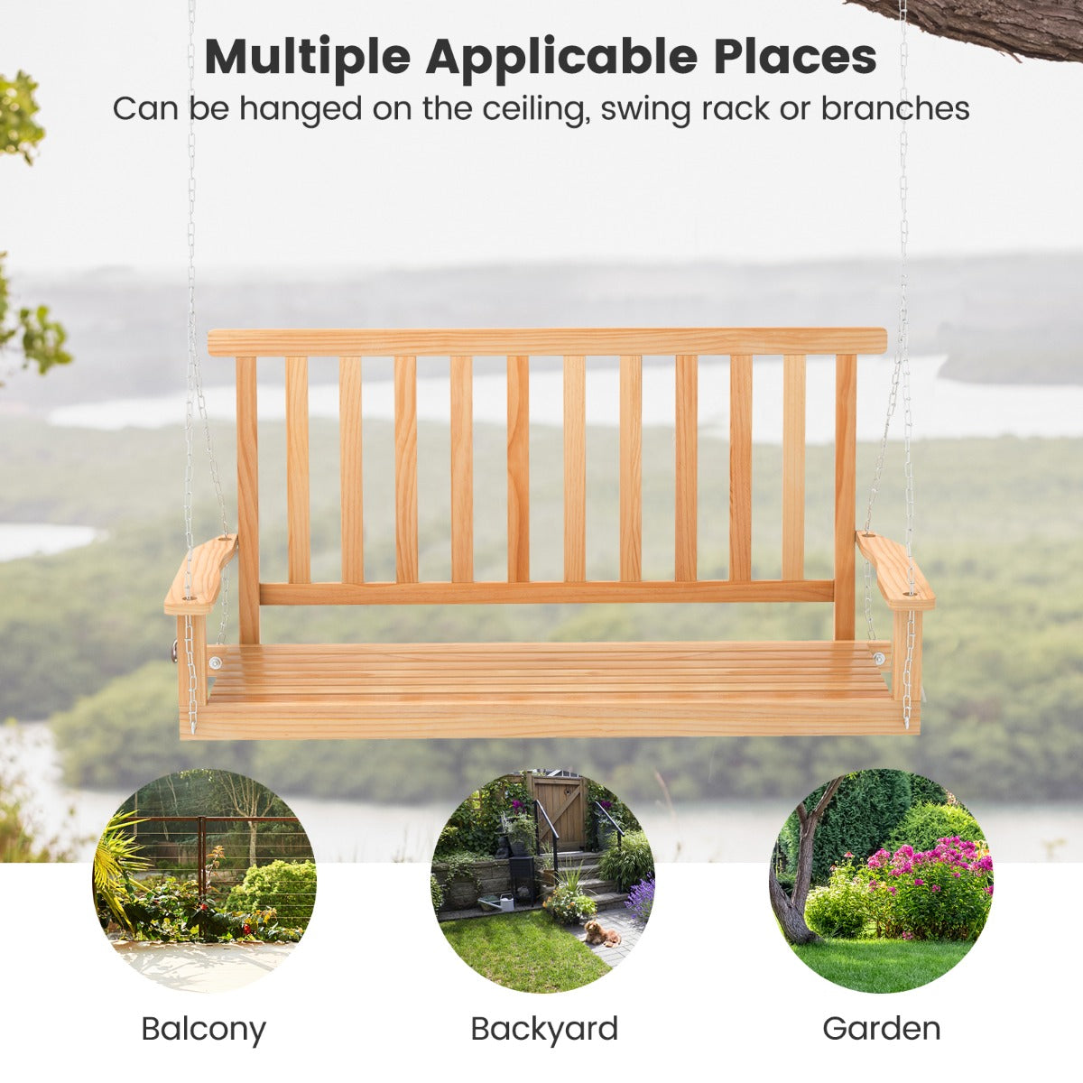 2-Seat Patio Swing Bench with 2 Sturdy Hanging Ropes for Backyard/Balcony-Natural
