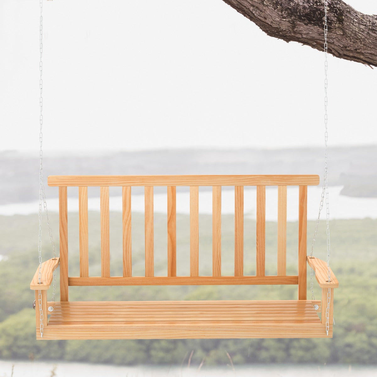 2-Seat Patio Swing Bench with 2 Sturdy Hanging Ropes for Backyard/Balcony-Natural