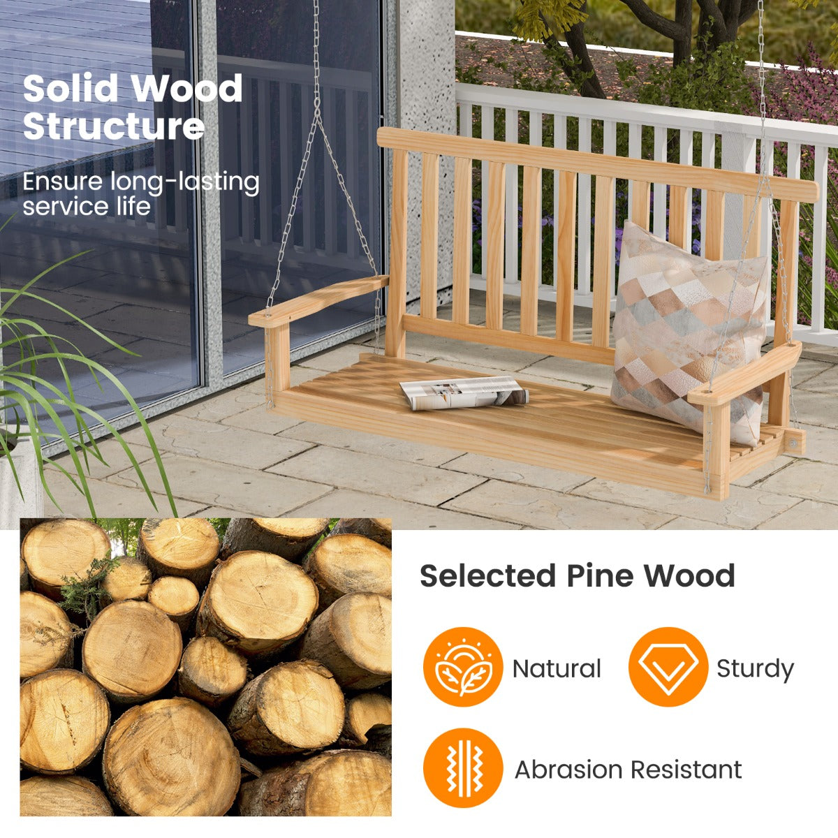 2-Seat Patio Swing Bench with 2 Sturdy Hanging Ropes for Backyard/Balcony-Natural