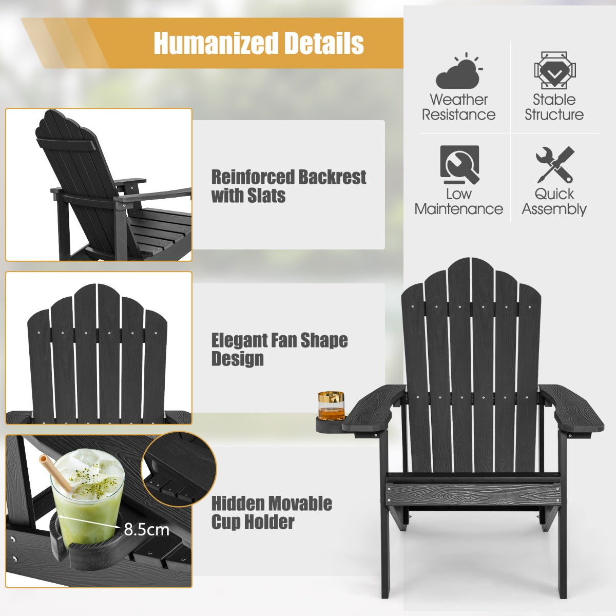 Adirondack Chair with Cup Holder for Patio-Black