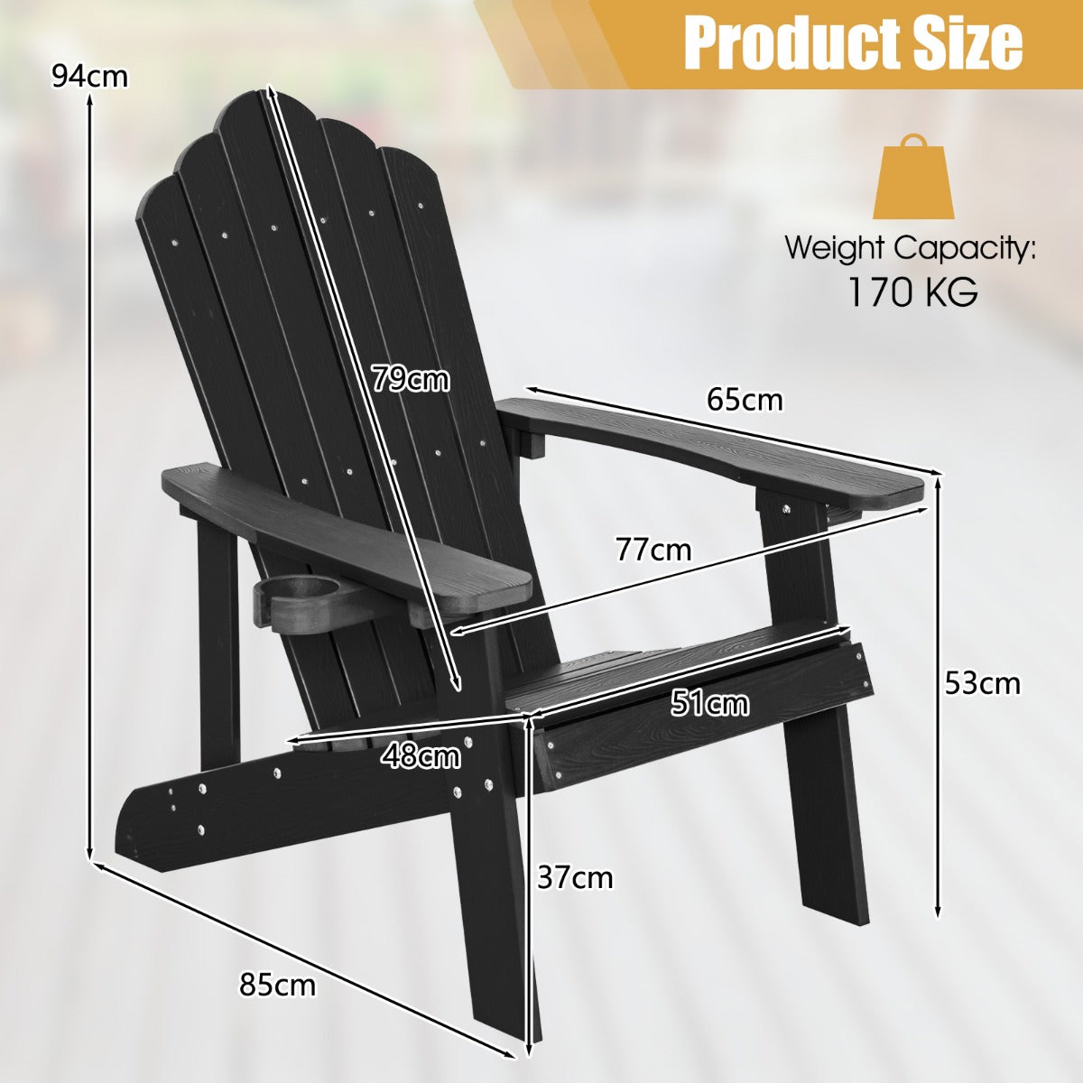 Adirondack Chair with Cup Holder for Patio-Black