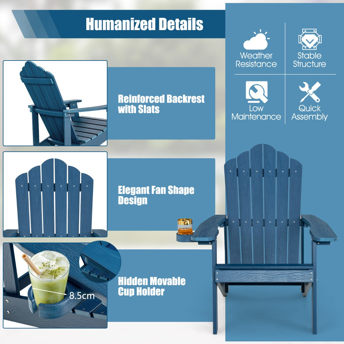 Adirondack Chair with Cup Holder for Patio-Navy