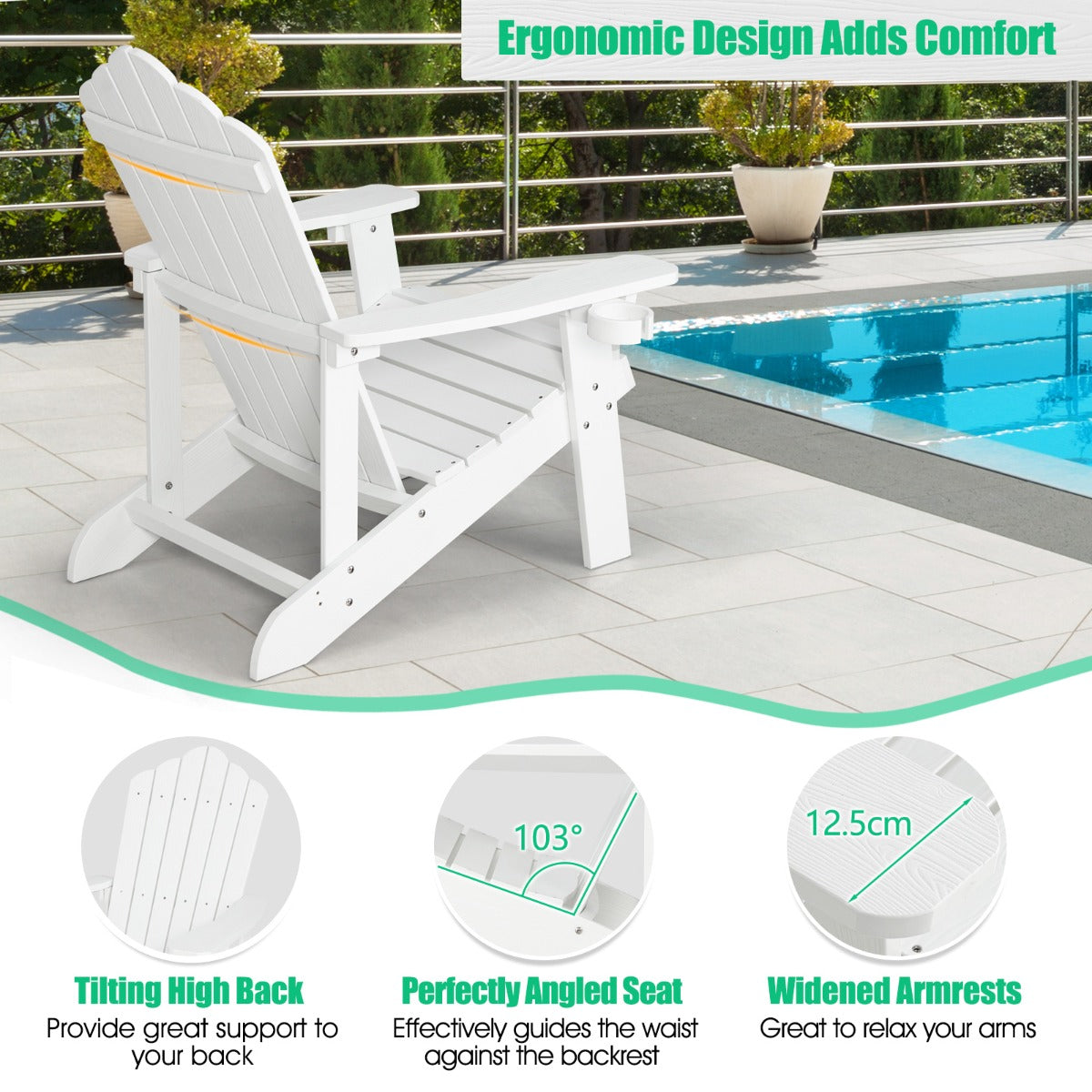 Adirondack Chair with Cup Holder for Patio-White