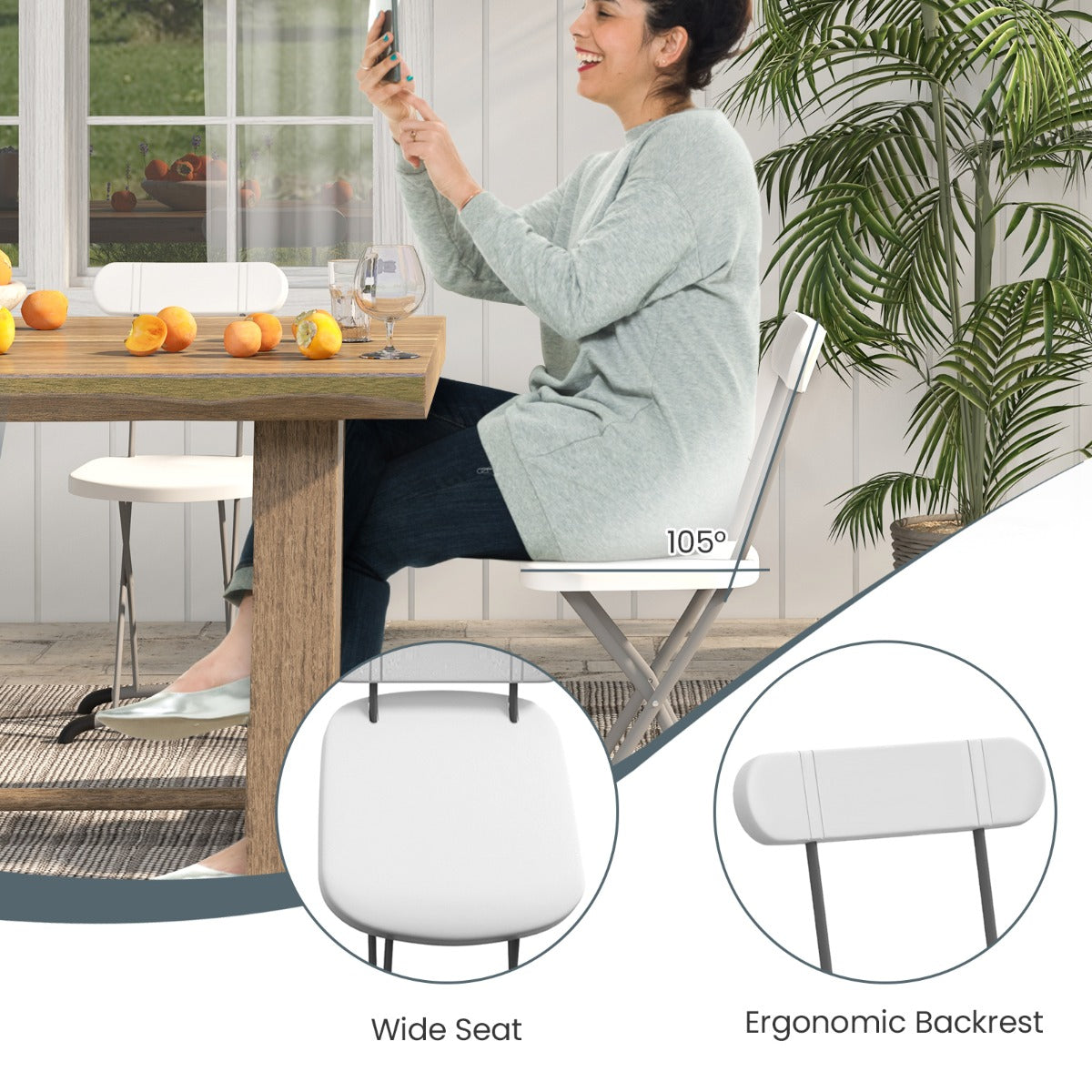Set of 2 Folding Chair with Ergonomic Backrest & Curved Feet
