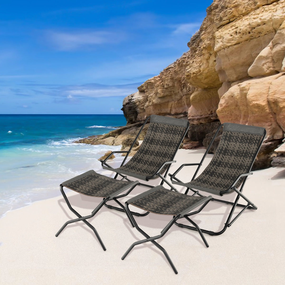 Outdoor PE Wicker Folding Sling Chair with Armrests and Metal Frame-with Footrest