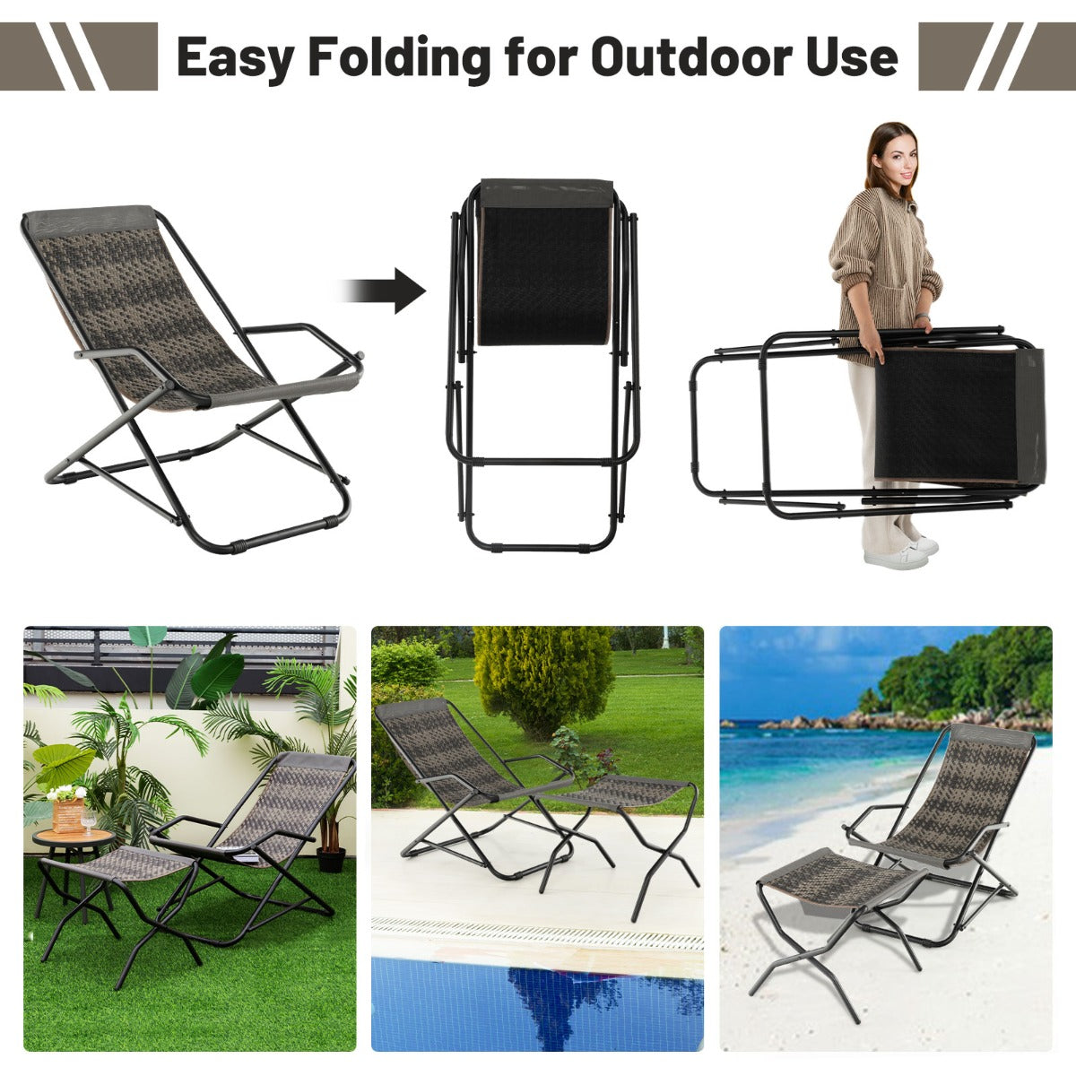 Outdoor PE Wicker Folding Sling Chair with Armrests and Metal Frame-with Footrest