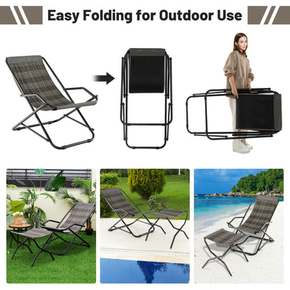 Outdoor PE Wicker Folding Sling Chair with Armrests and Metal Frame-with Footrest