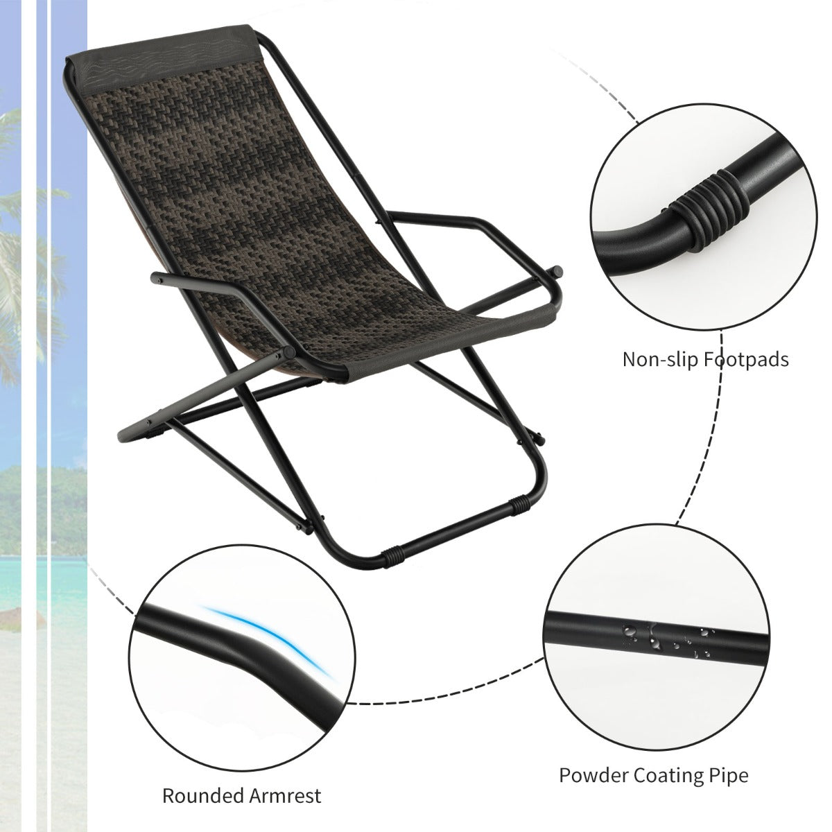 Outdoor PE Wicker Folding Sling Chair with Armrests and Metal Frame-with Footrest