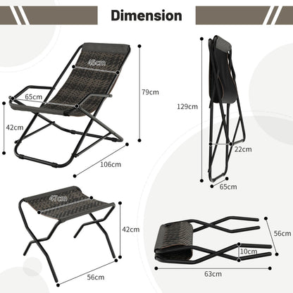 Outdoor PE Wicker Folding Sling Chair with Armrests and Metal Frame-with Footrest