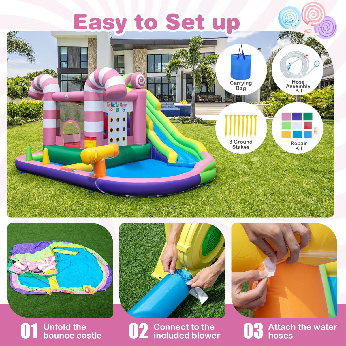 9-in-1 Sweet Candy Inflatable Water Slide Bounce House with Slide (without Blower & Balls)