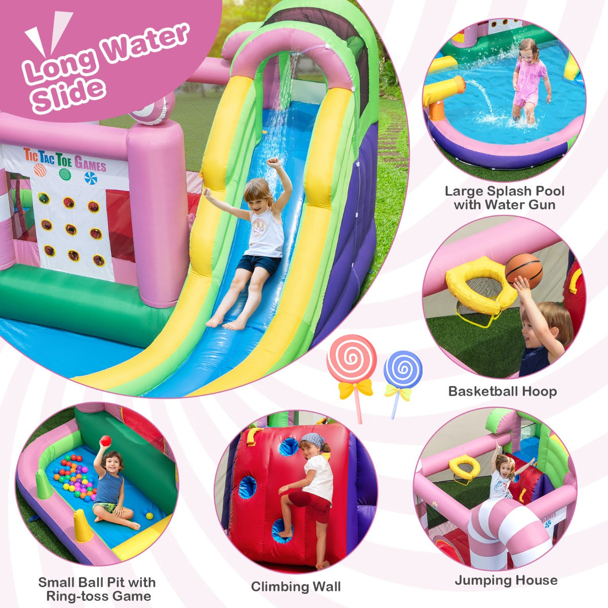 9-in-1 Sweet Candy Inflatable Water Slide Bounce House with Slide (without Blower & Balls)