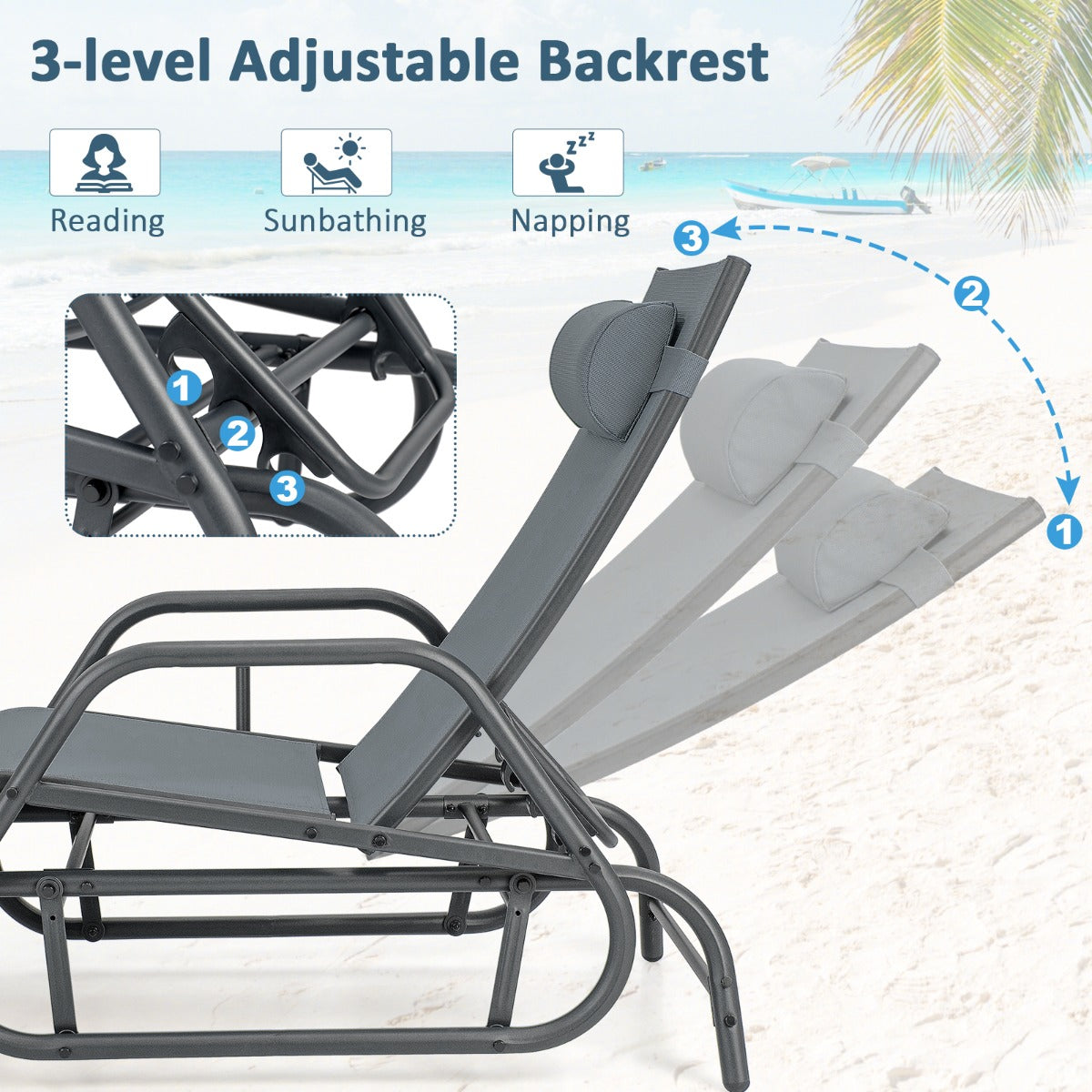 Outdoor Chaise Lounge Glider Chair with Armrests and Pillow for Poolside