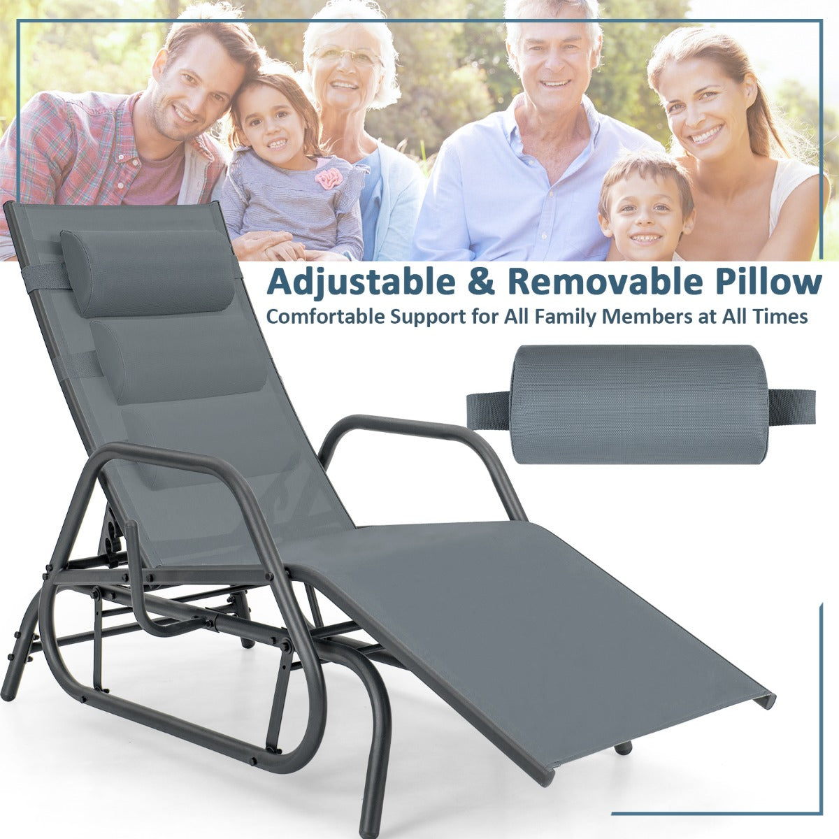 Outdoor Chaise Lounge Glider Chair with Armrests and Pillow for Poolside