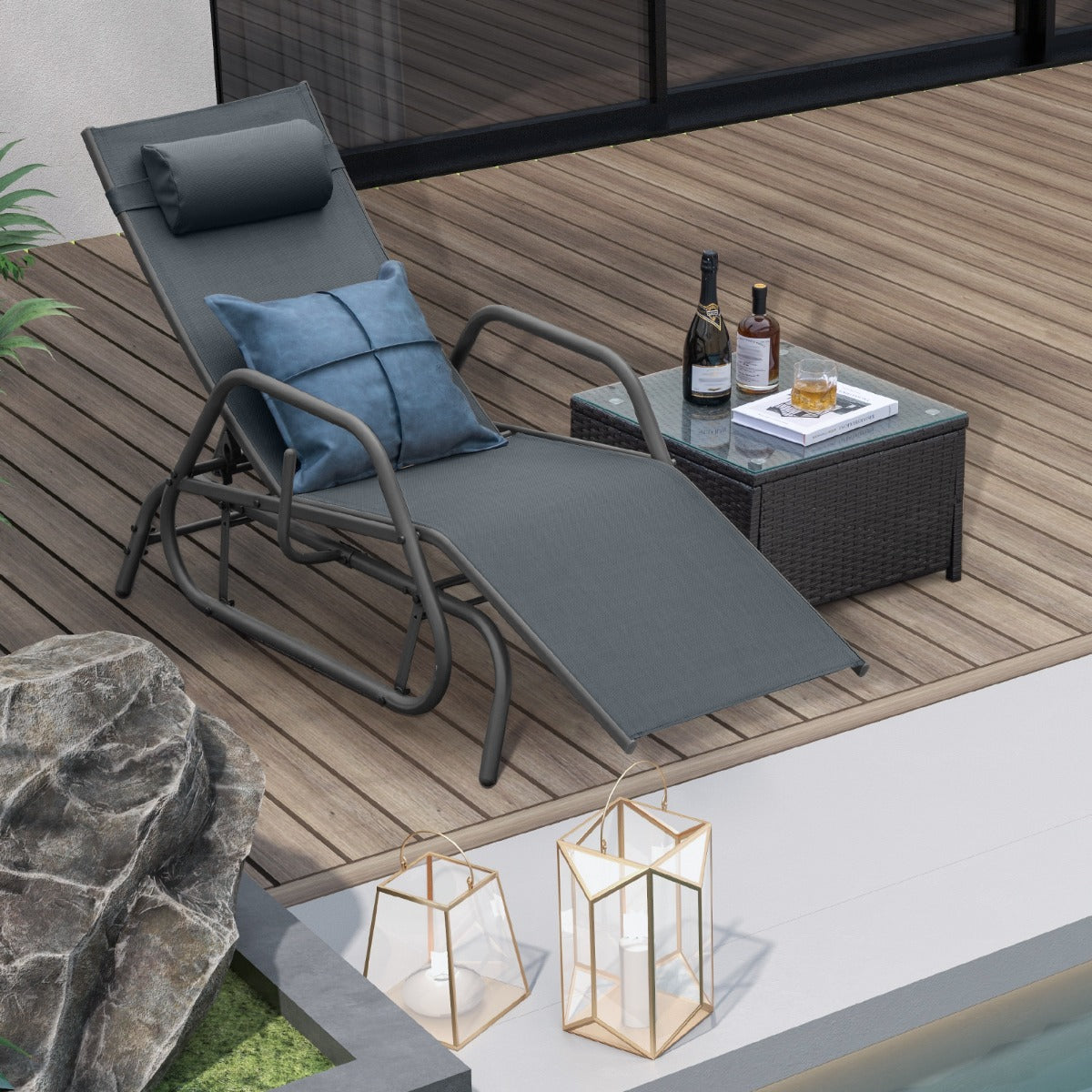 Outdoor Chaise Lounge Glider Chair with Armrests and Pillow for Poolside