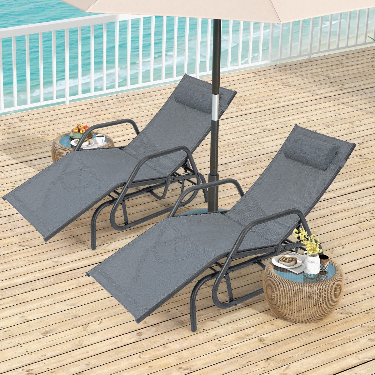 Outdoor Chaise Lounge Glider Chair with Armrests and Pillow for Poolside