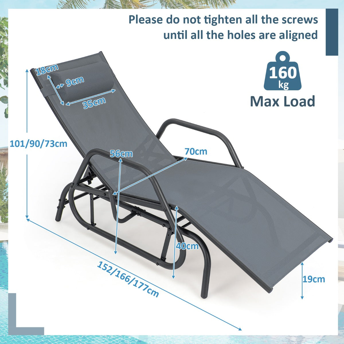 Outdoor Chaise Lounge Glider Chair with Armrests and Pillow for Poolside