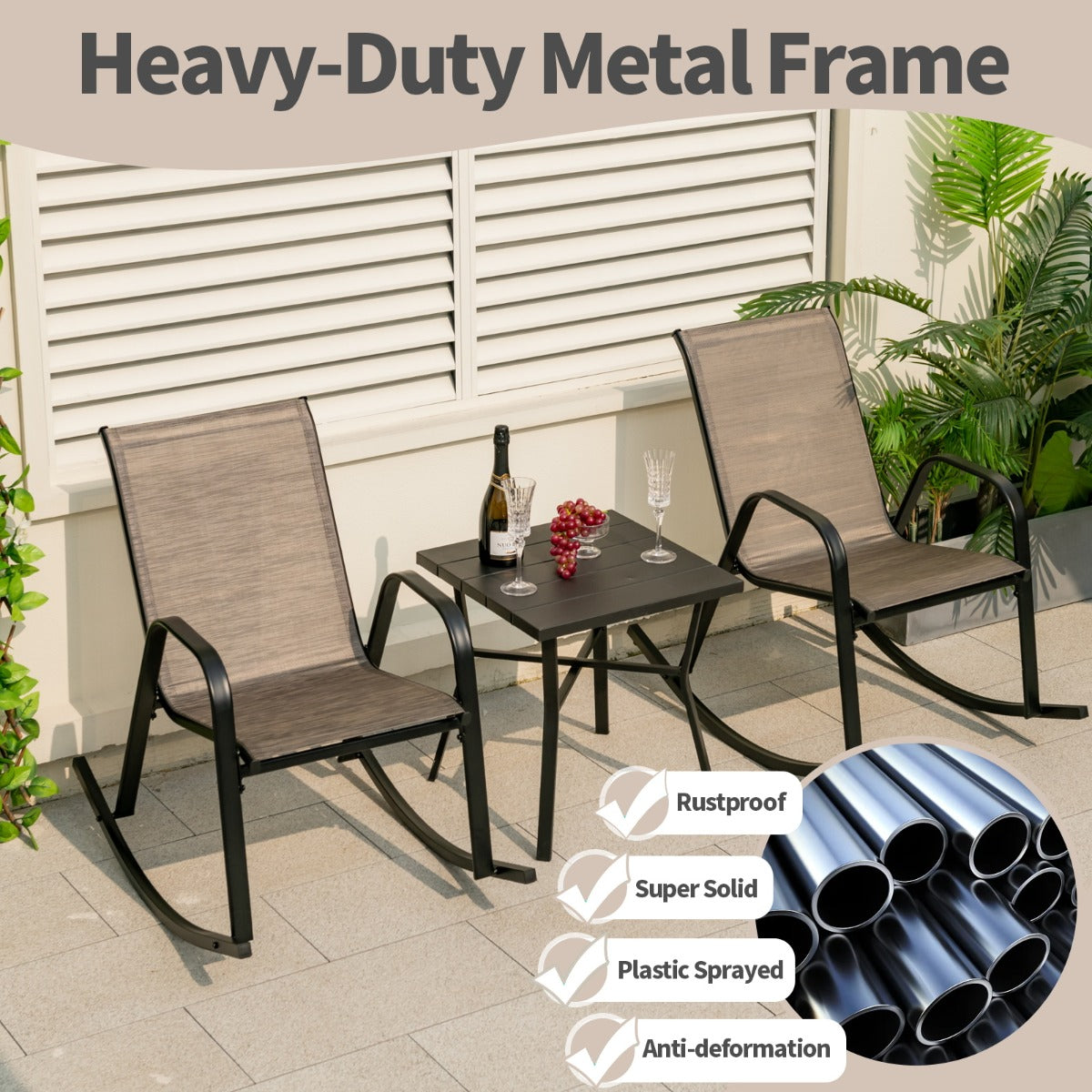 Ergonomic backrests and 45 cm seat heights provide comfortable outdoor seating
