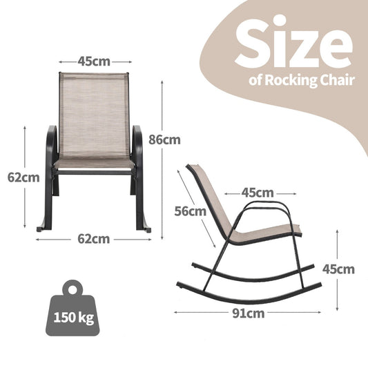 Set of two outdoor rocking chairs with breathable fabric seats, curved armrests, and metal frames