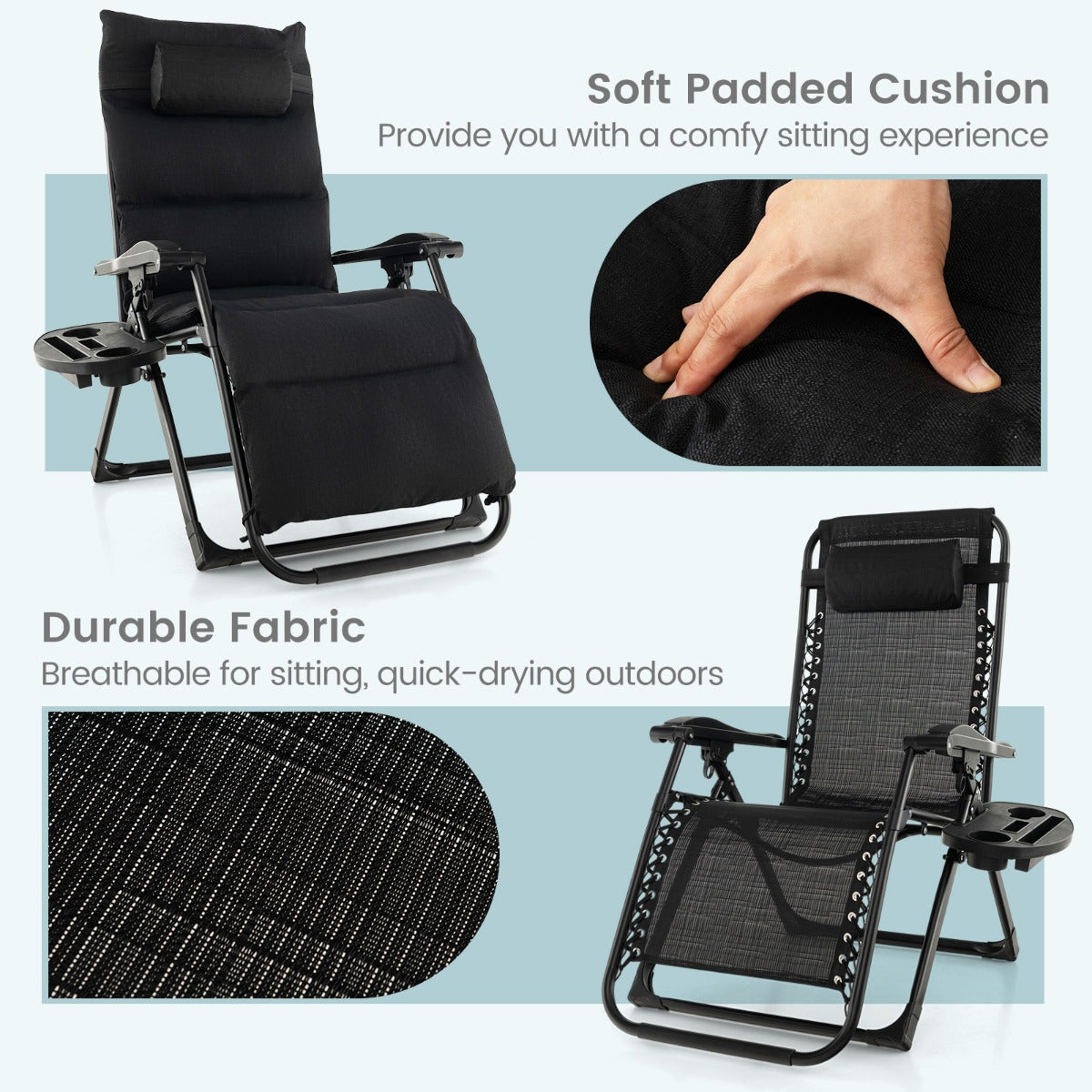 Adjustable Metal Zero Gravity Lounge Chair with Removable Cushion-Black