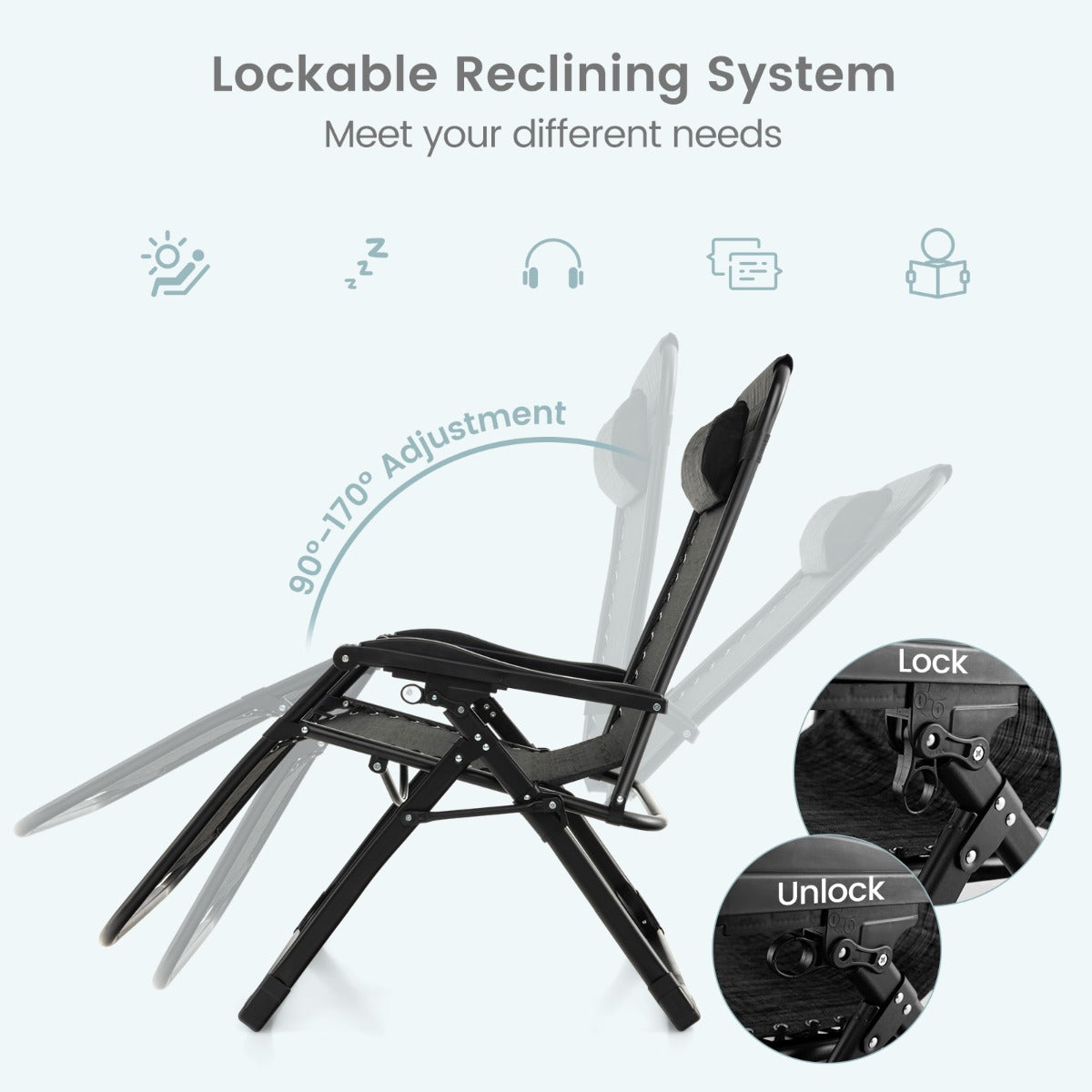 Adjustable Metal Zero Gravity Lounge Chair with Removable Cushion-Black