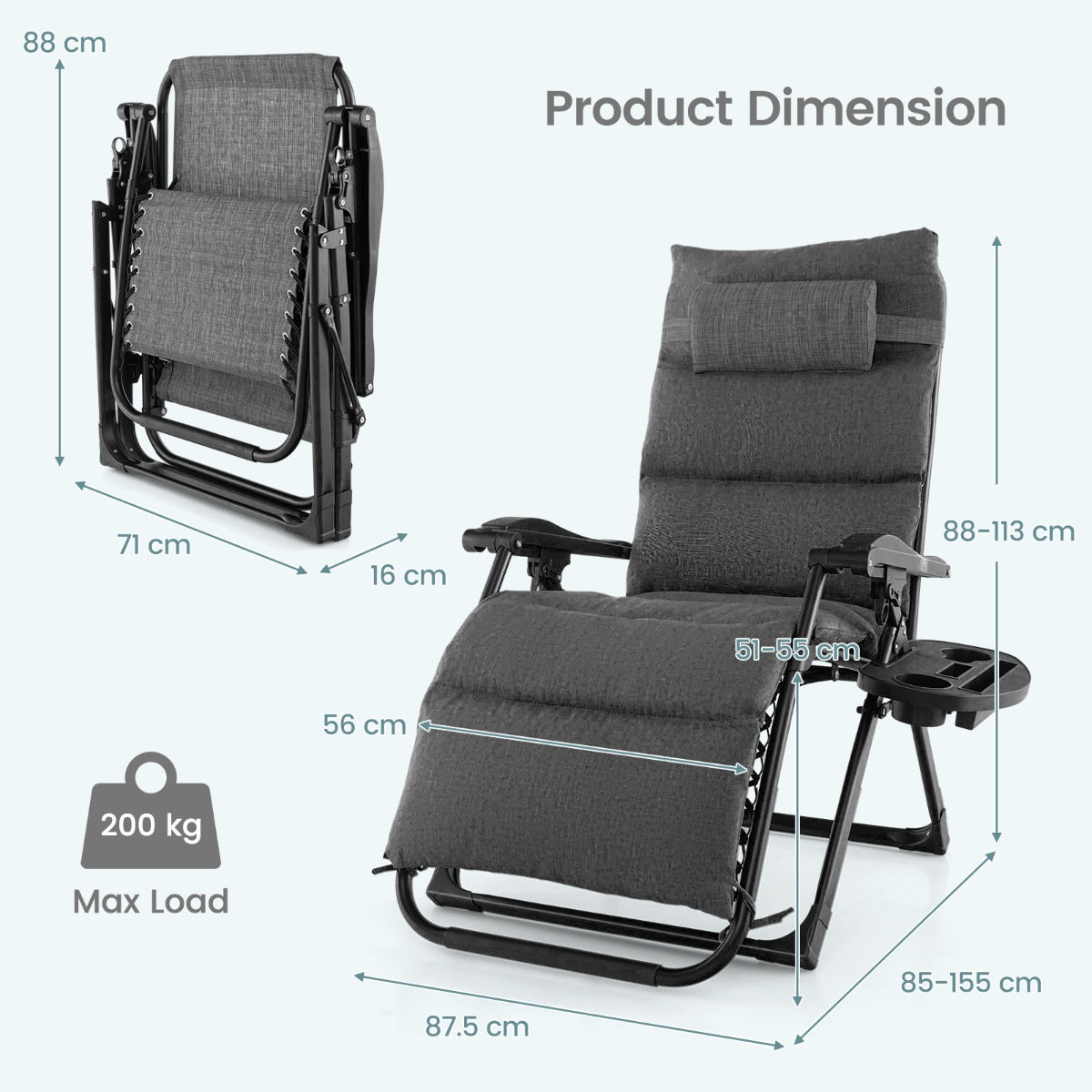 Adjustable Metal Zero Gravity Lounge Chair with Removable Cushion-Grey