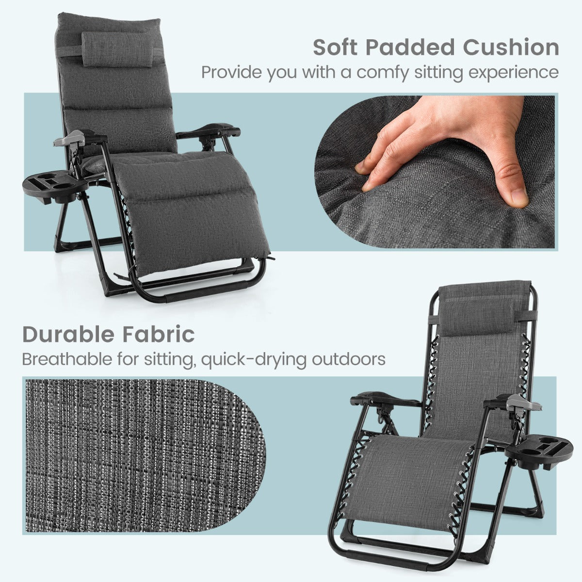 Adjustable Metal Zero Gravity Lounge Chair with Removable Cushion-Grey