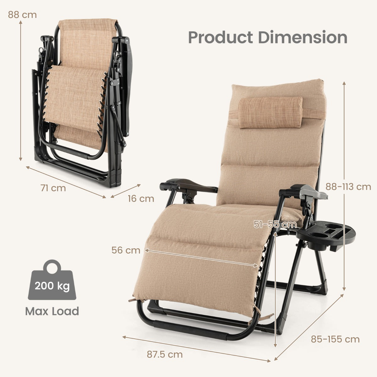 Adjustable Metal Zero Gravity Lounge Chair with Removable Cushion-Beige