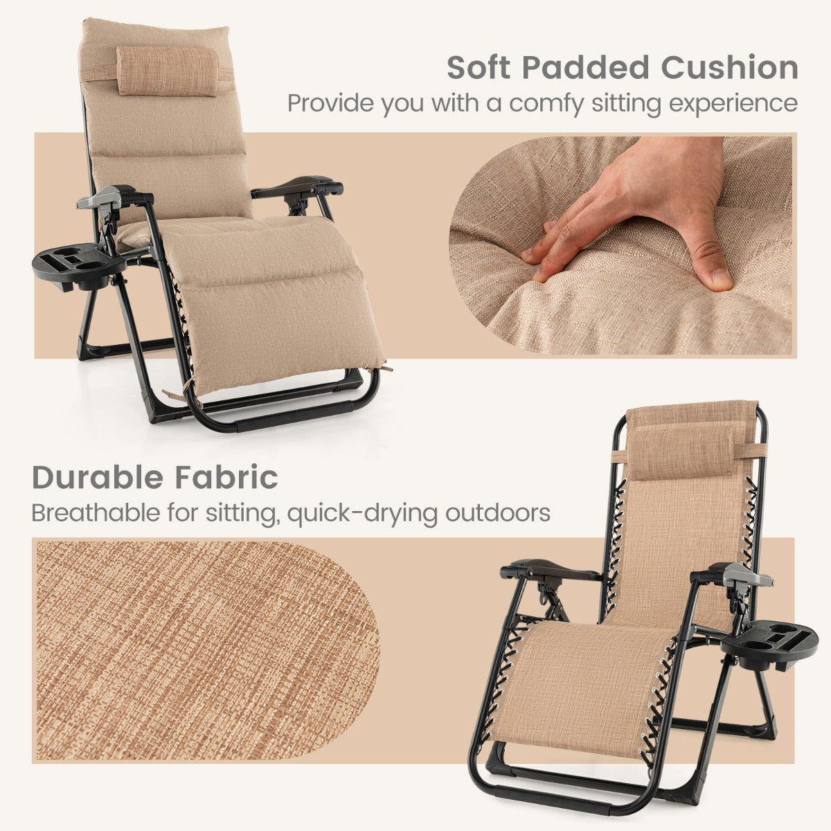 Adjustable Metal Zero Gravity Lounge Chair with Removable Cushion-Beige