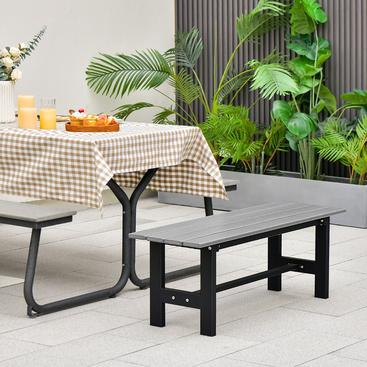 120cm 2-Person Outdoor Bench with Slatted Seat-Grey