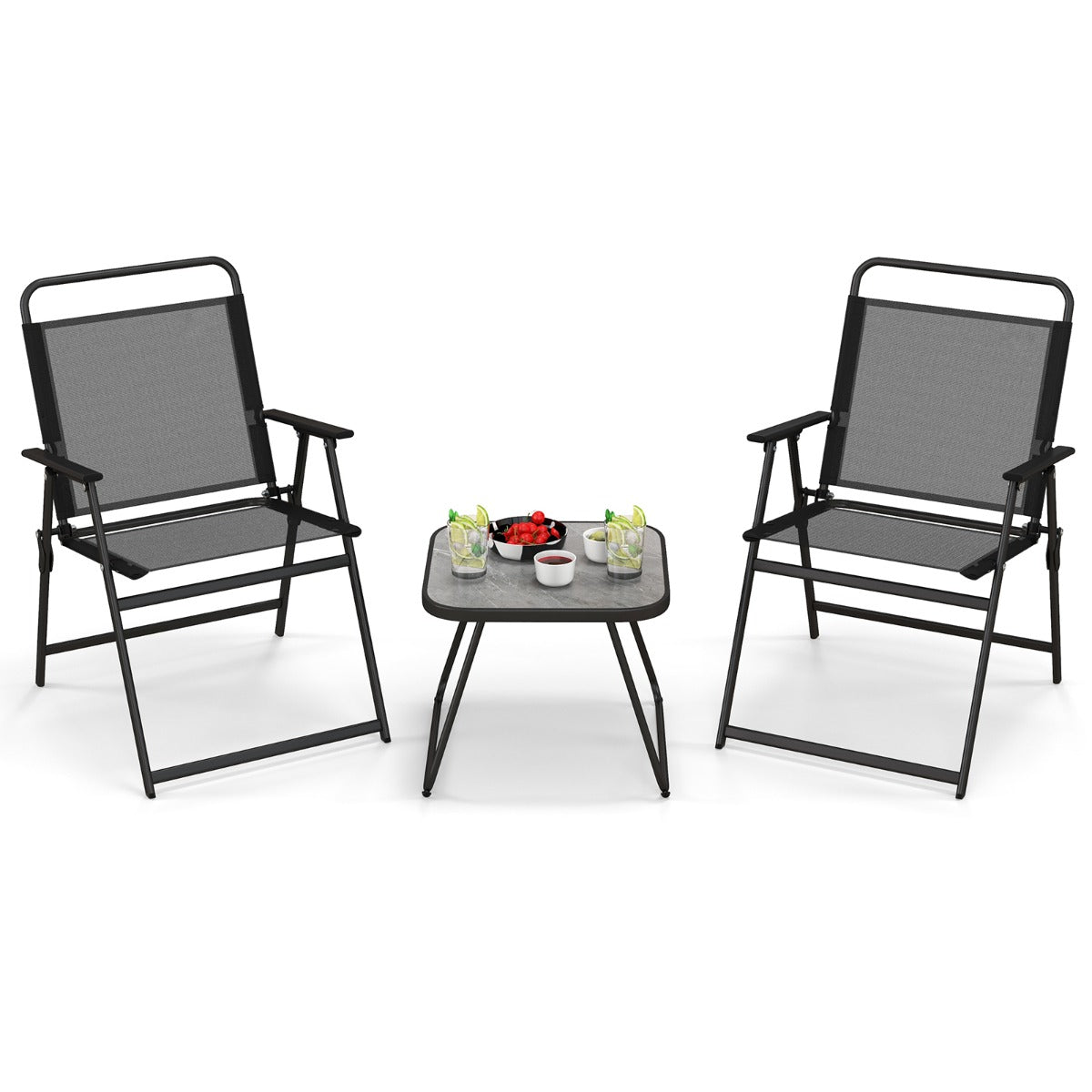 3 Piece Patio Folding Conversation Set with Coffee Table for Backyard