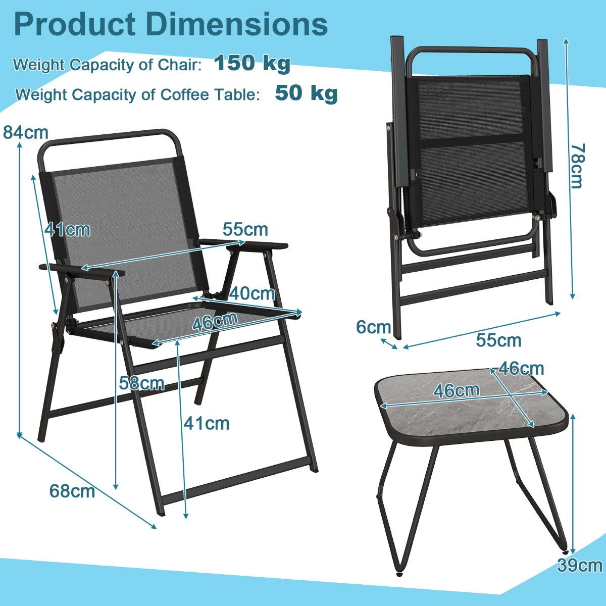 3 Piece Patio Folding Conversation Set with Coffee Table for Backyard