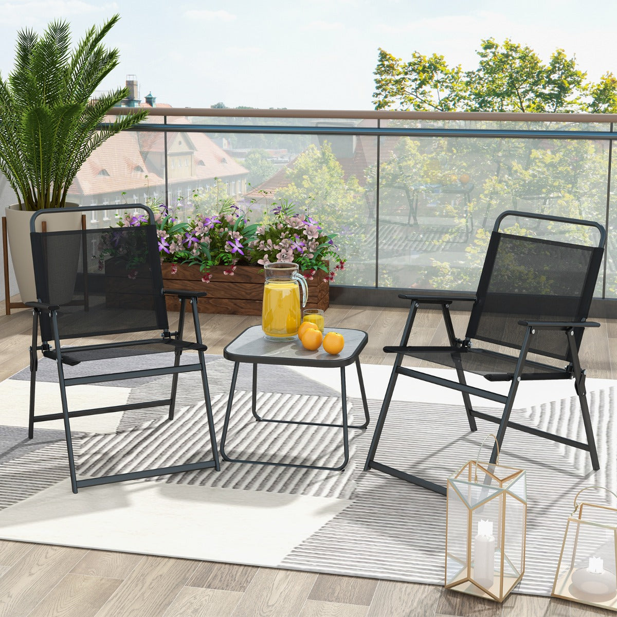 3 Piece Patio Folding Conversation Set with Coffee Table for Backyard