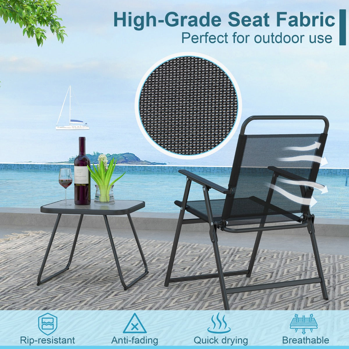 3 Piece Patio Folding Conversation Set with Coffee Table for Backyard