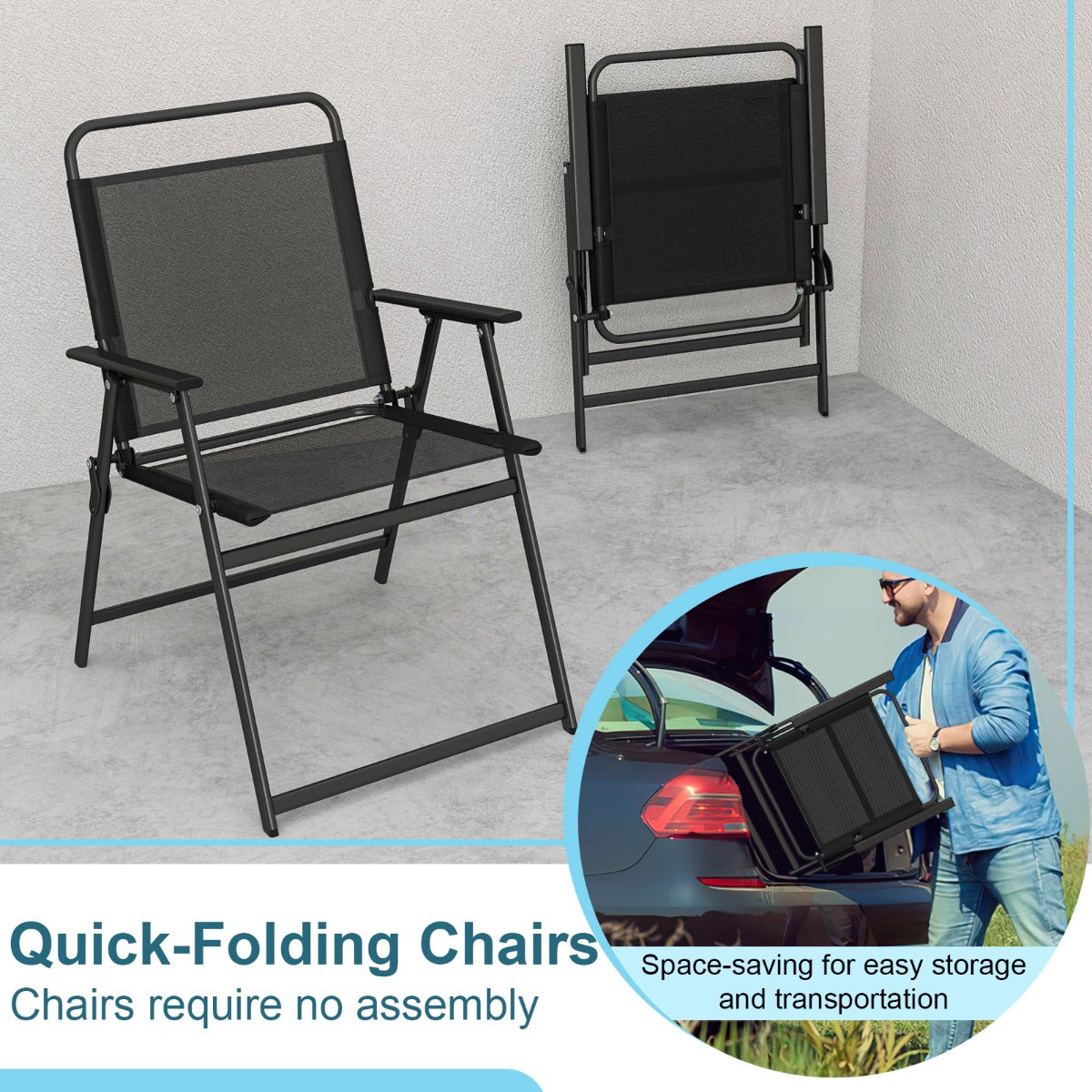 3 Piece Patio Folding Conversation Set with Coffee Table for Backyard