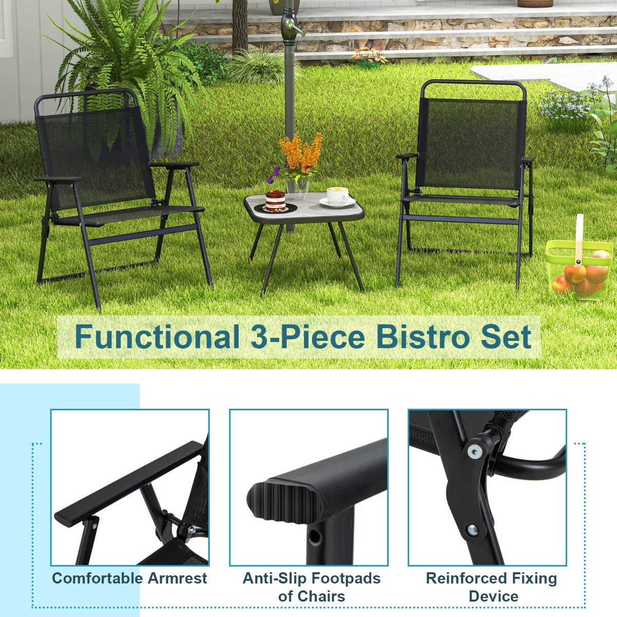 3 Piece Patio Folding Conversation Set with Coffee Table for Backyard