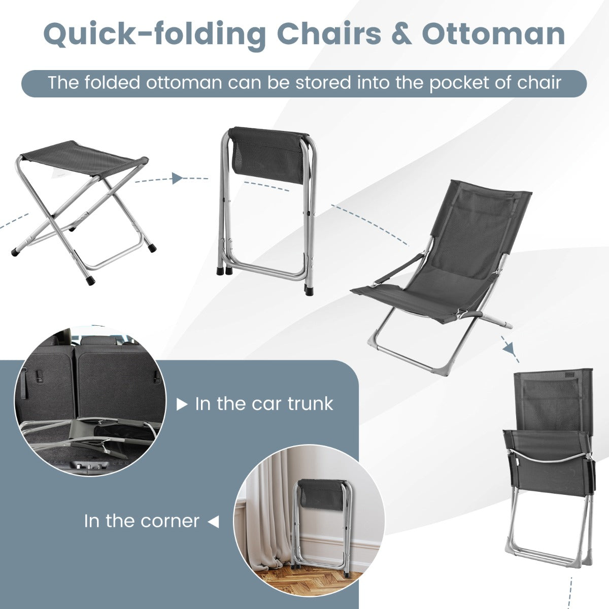 5 Piece Patio Sling Chair Set with Ottoman & Coffee Table for Garden