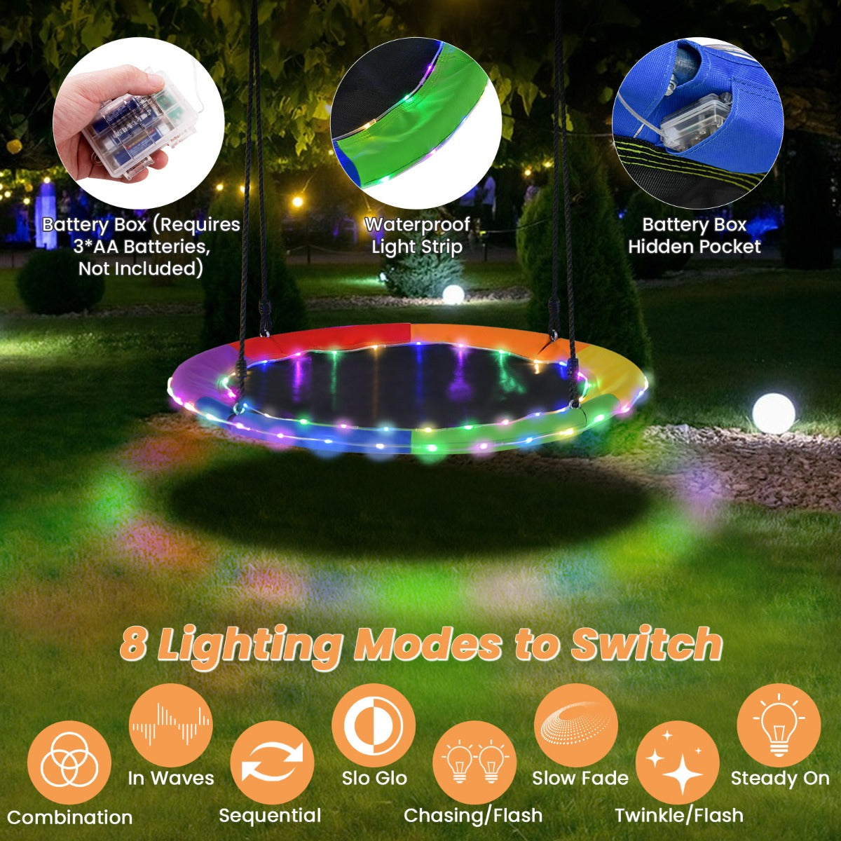 100cm Saucer Tree Swing with LED Lights for Kids-Multicolor