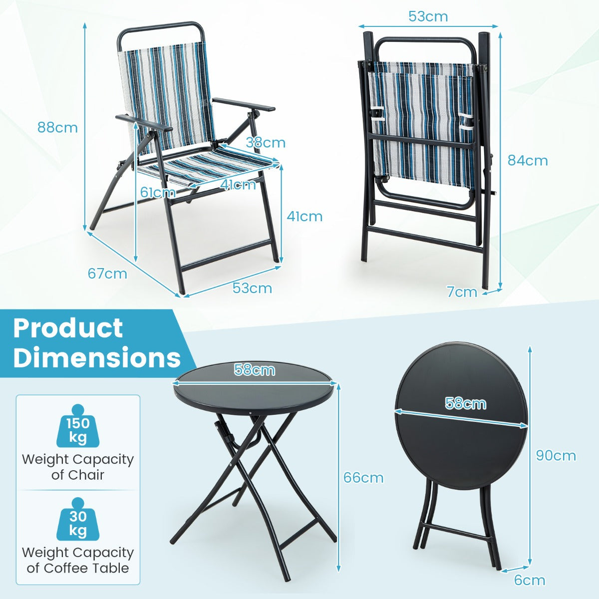 Three-piece folding patio bistro set with two breathable fabric chairs and a round tempered glass table